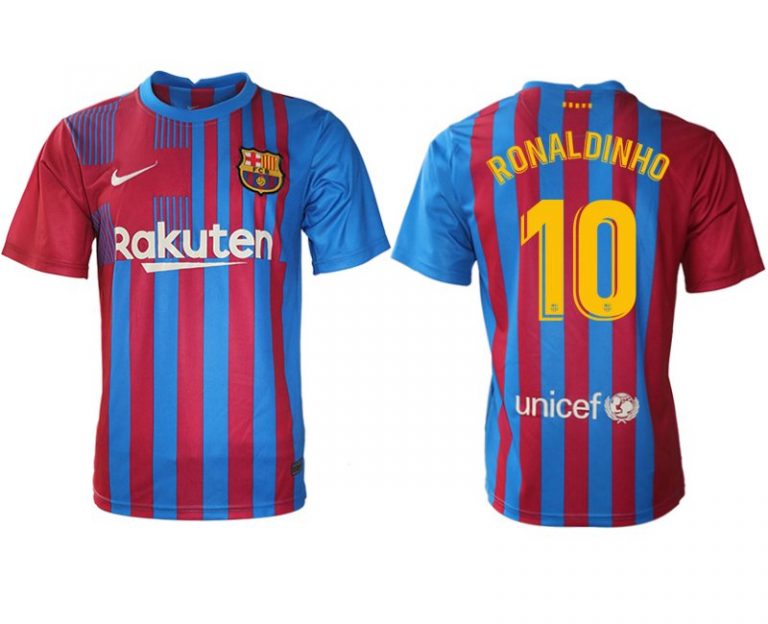 FC Barcelona 21/22 Herren Heimtrikot blau/rot mit Ronaldinho 10 Individualdruck gelb