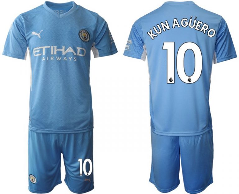 Manchester City 2022 Heimtrikot hellblau/weiß Kurzarm + Kurze Hosen Kun Agüero 10