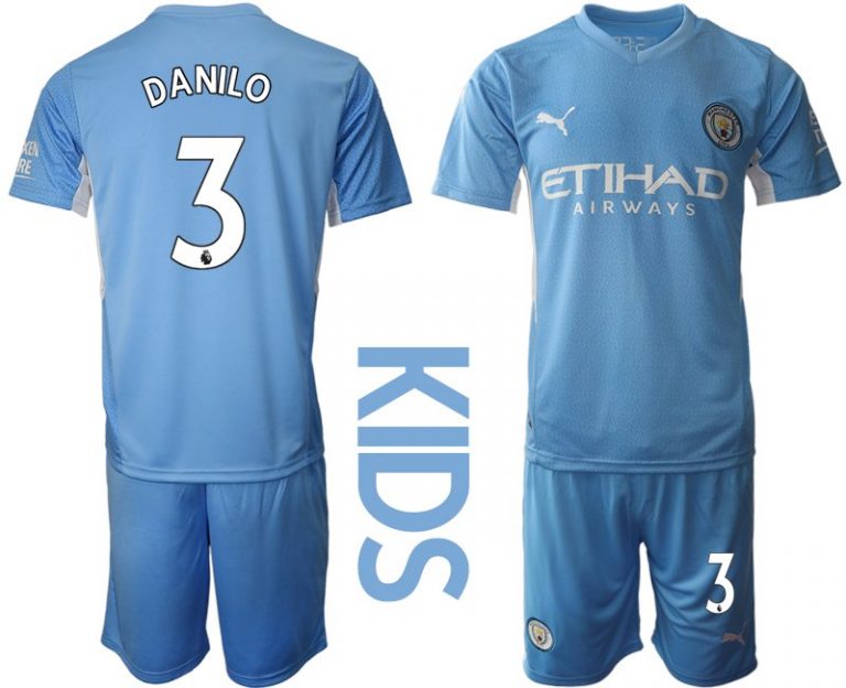 Trikotsatz Manchester City Heimtrikot 2022 Für Kinder hellblau mit Aufdruck Danilo 3
