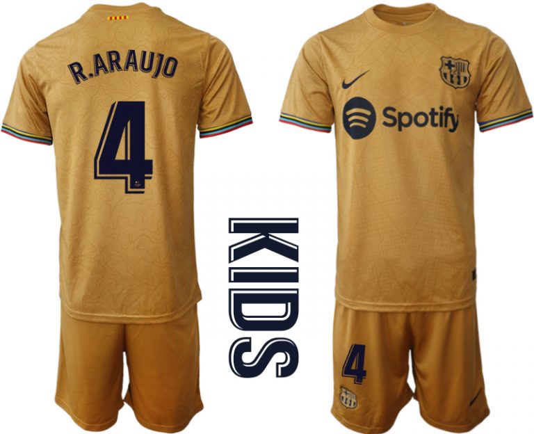 Kinder FC Barcelona 22-23 Auswärtstrikot Goldene Grundfarbe Kurzarm + Kurze Hosen R.ARAUJO 4