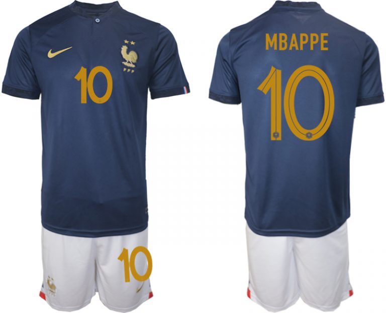 MBAPPE #10 Herren Frankreich FIFA WM Katar 2022 Heimtrikot Marineblau Fußballtrikots Trikotsatz
